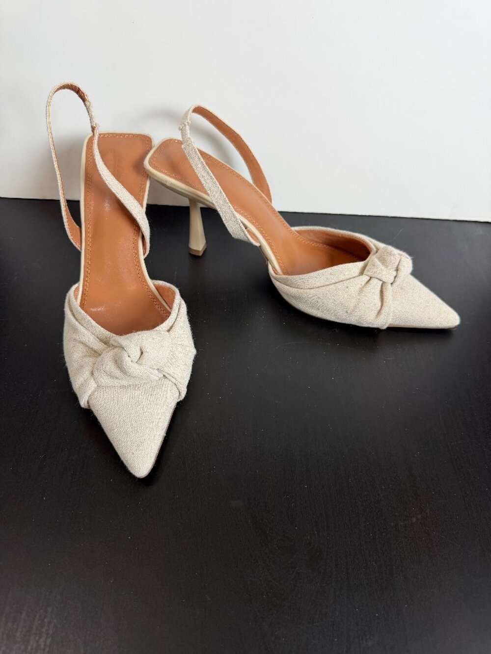 ASOS DESIGN Soraya Knotted Slingback Mid Heel Shoes Neutral Cream Linen Size 10